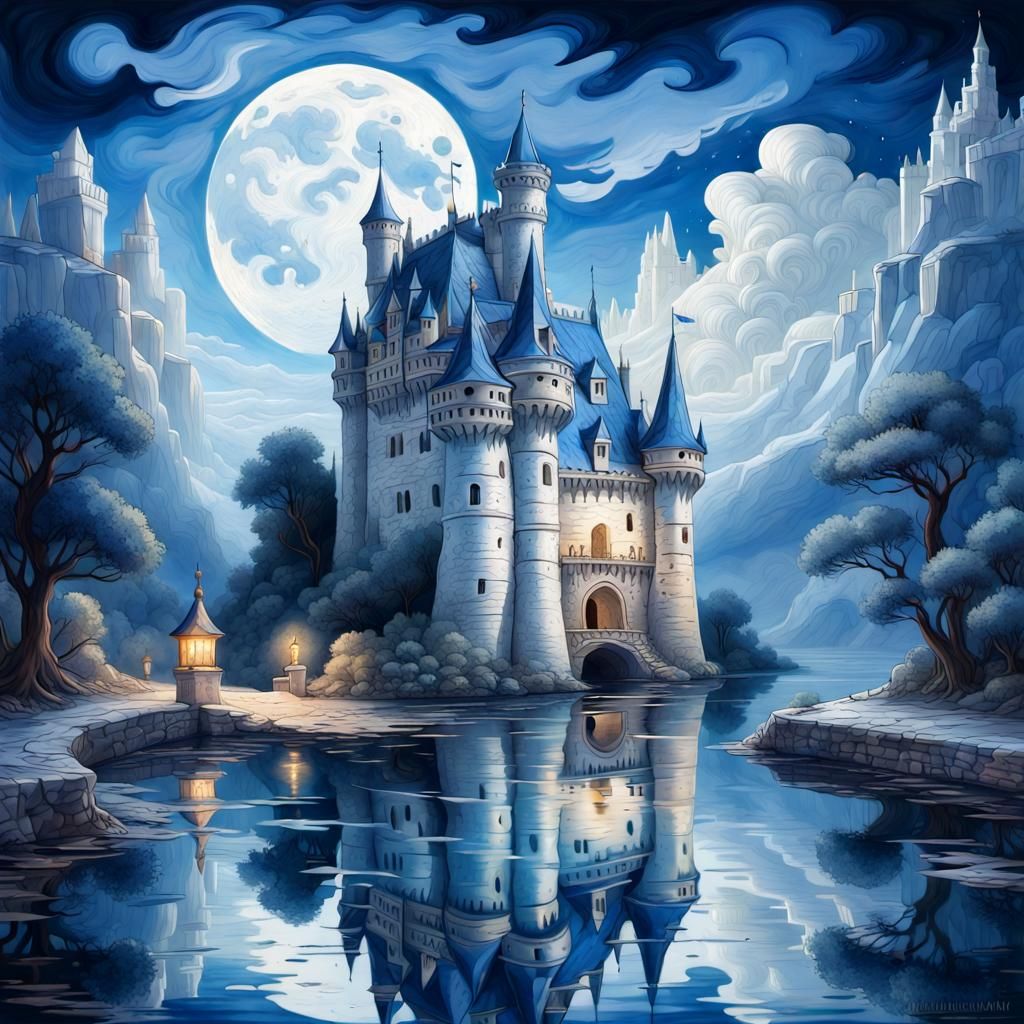 ancient white and blue marbled Castle reflecting in a moat at
 moonrise ArtStation, sharp focus, studio ...  by @PJs AiArt