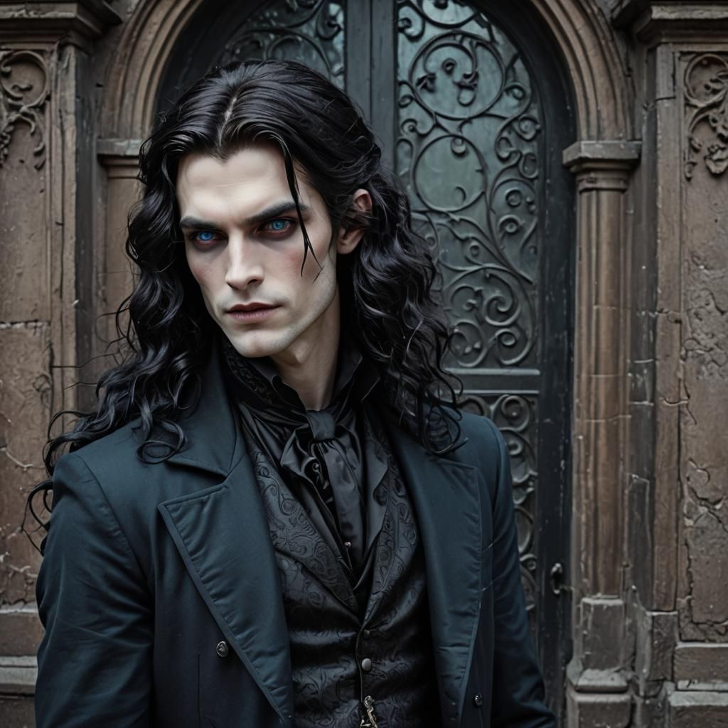 Young handsome charismatic pale man with very long wavy blac...