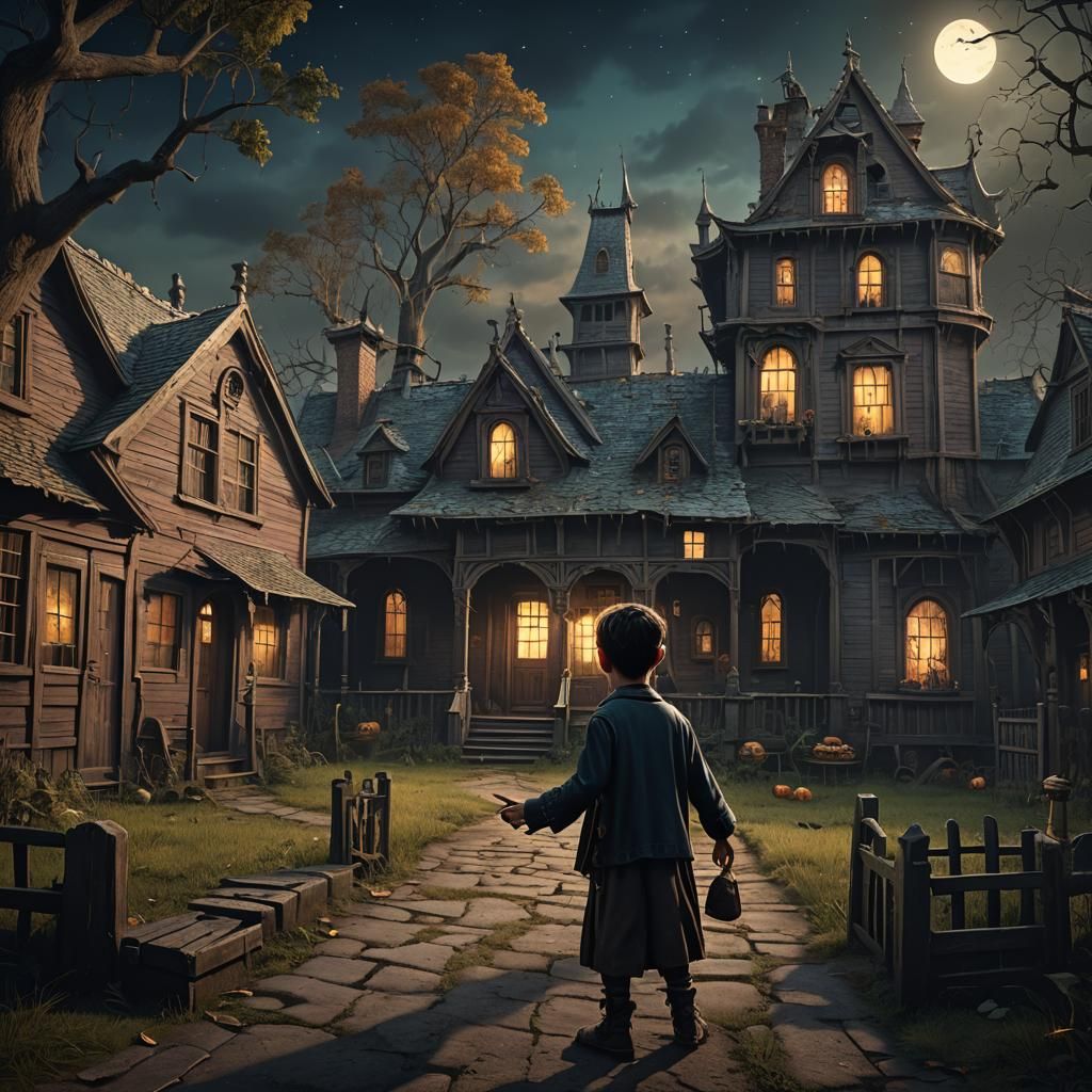 a shadow kid, in the dark sky, in a yard of a haunted house,...