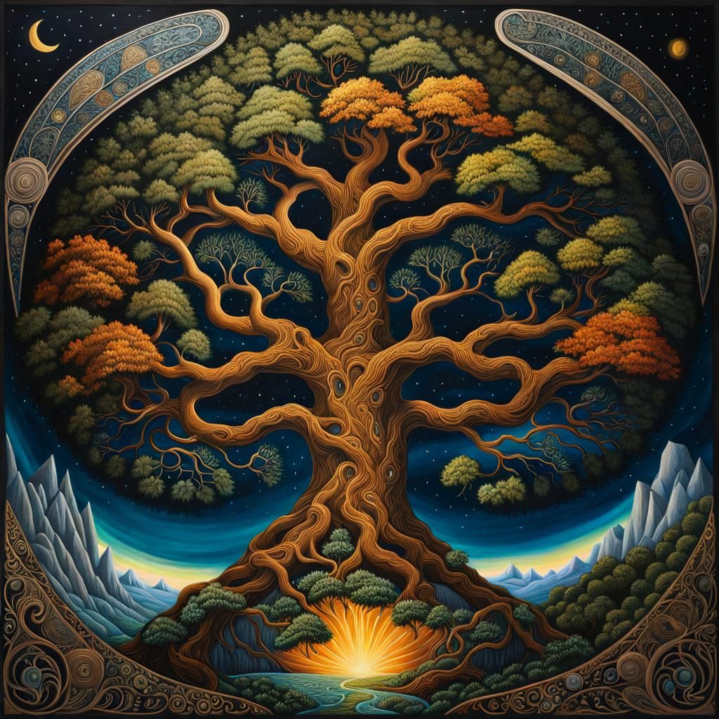 Yggdrasil, gigantic world-tree touching the nine worlds of Norse Mythology. Intricate, detailed, detailed ...  by @Lorendiac H