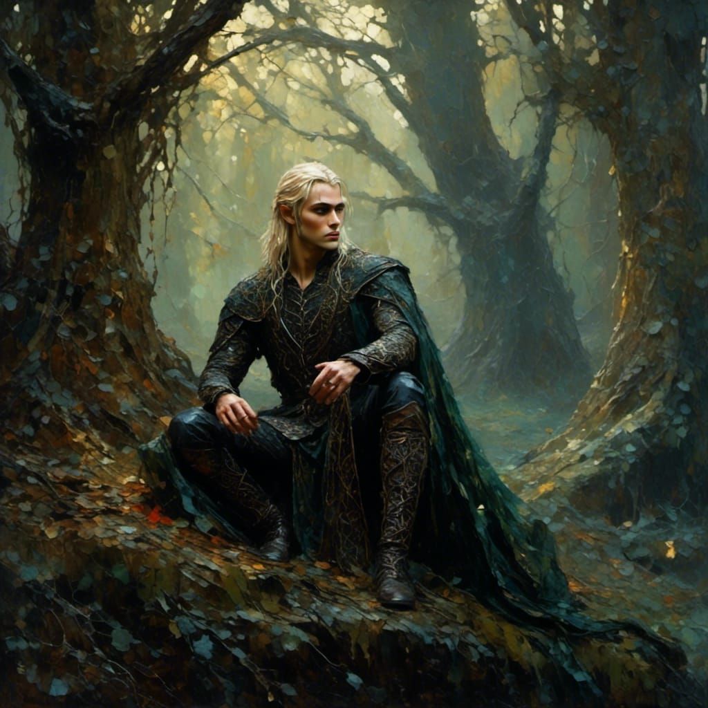  <lora:Filigree Oils:1.0> handsome  elven prince brooding in a forest