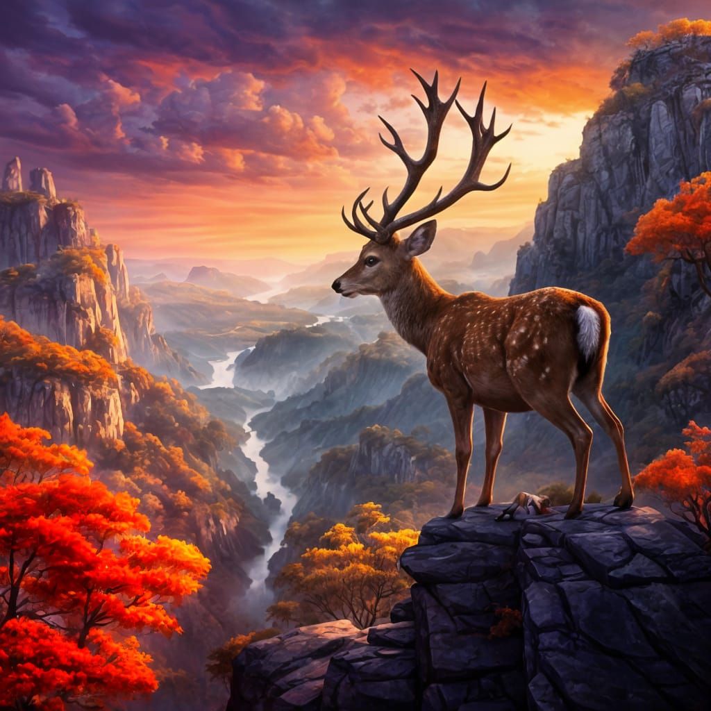 Majestic Deer Silhouetted Against Fantasy Village Sunset