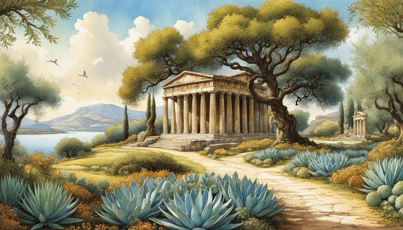 Greek Park with Ancient Temple: Alcohol Ink Illustration
