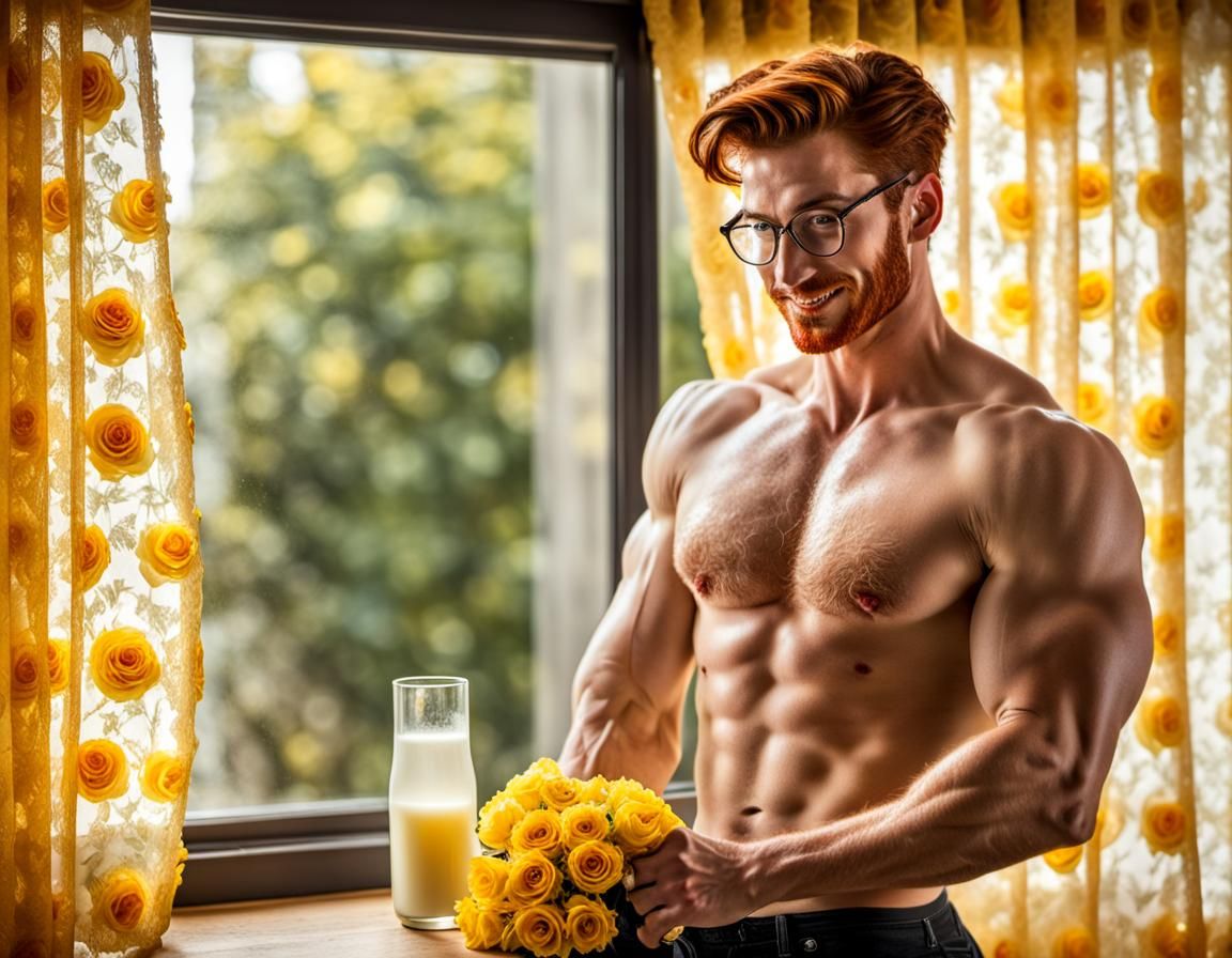 A handsome redhead male pin-up model with eyeglasses is posting as a  shirtless hunk drinking milk at home, dripping down his chest. The yel... -  AI Generated Artwork - NightCafe Creator