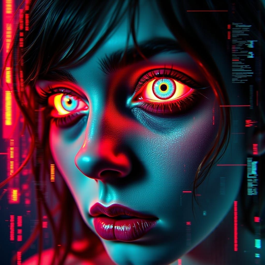 An overlaying glitching, digital display, with a logo: 'Dark Glitch' .
Particulating y2k closeup photogram of glitching horror at inverted c...