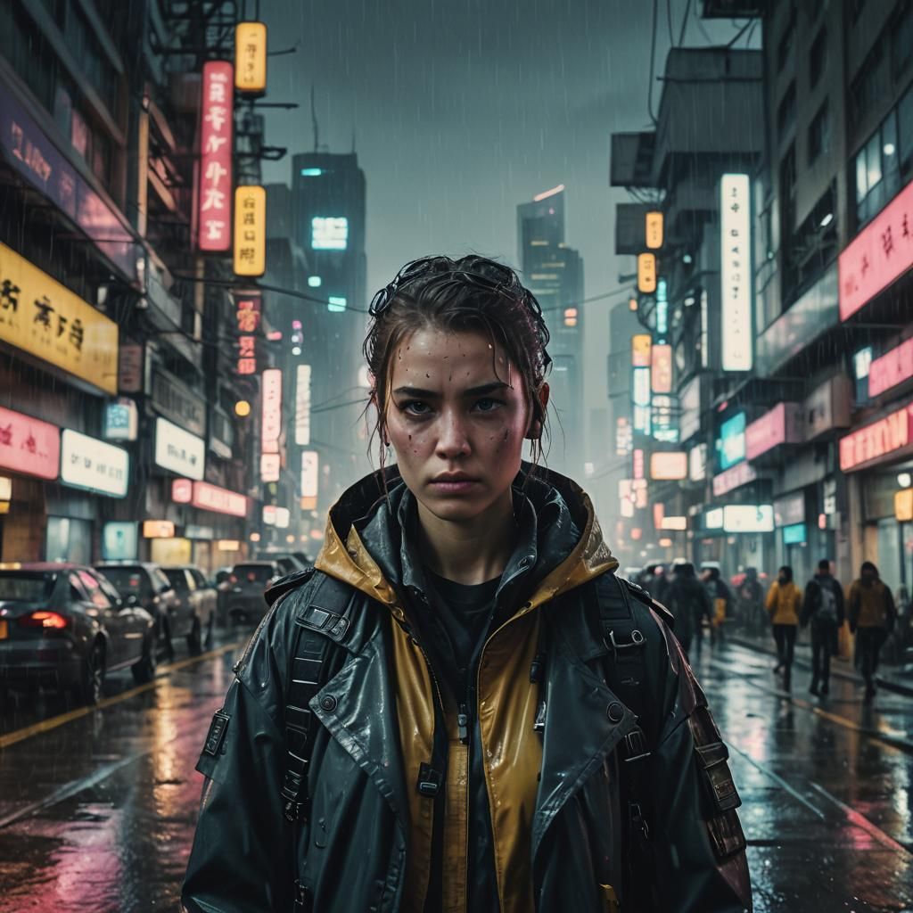 Medium shot of a female sci-fi protagonist in a cyberpunk ci...