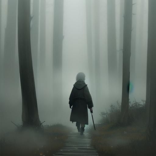 Young Girl Explores Foggy Elysium: Cinematic Film Still