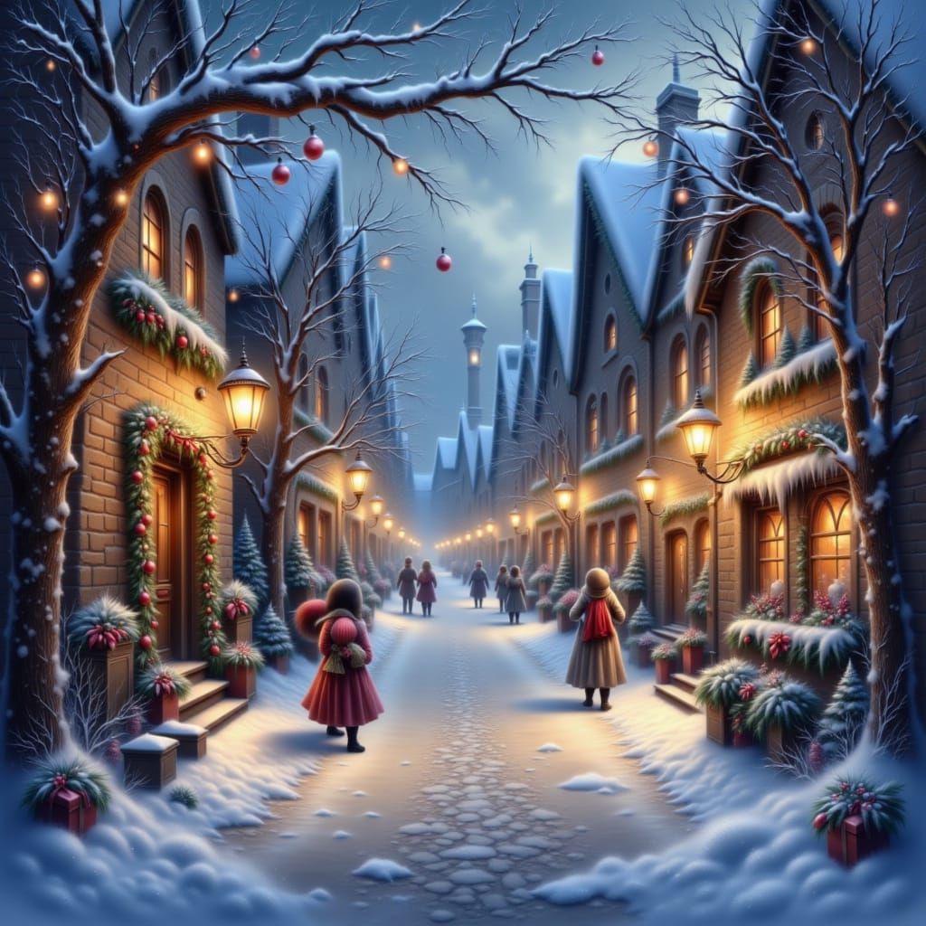 <lora:Christmas Glow 1-02:1.0> Snowy village street with carolers singing beneath lanterns