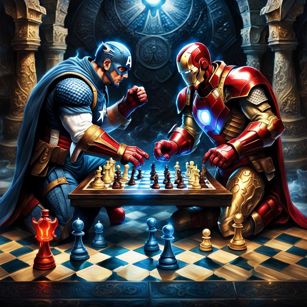 Avenegrs as Chess pieces fighting against each other. One te...
