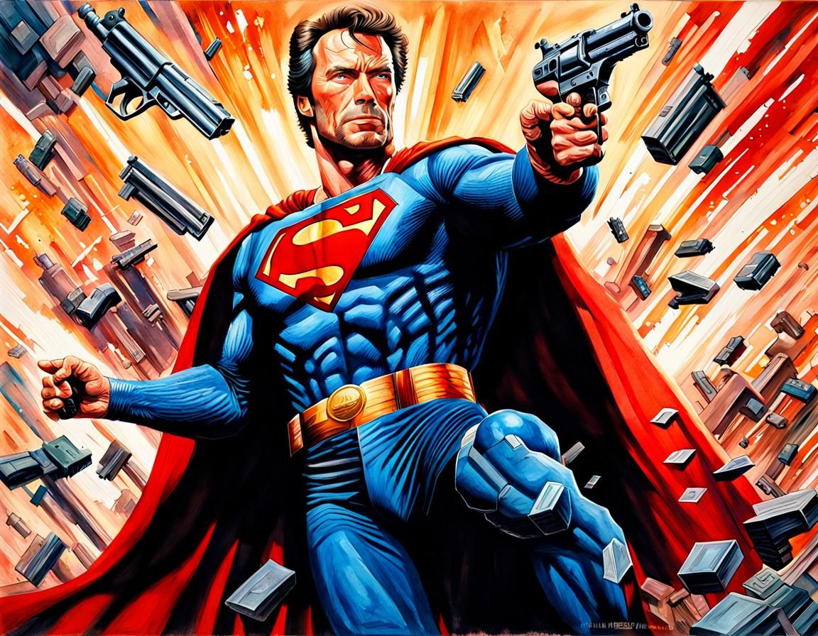 Clint Eastwood as Superman holding a .45 Magnum handgun Mark...