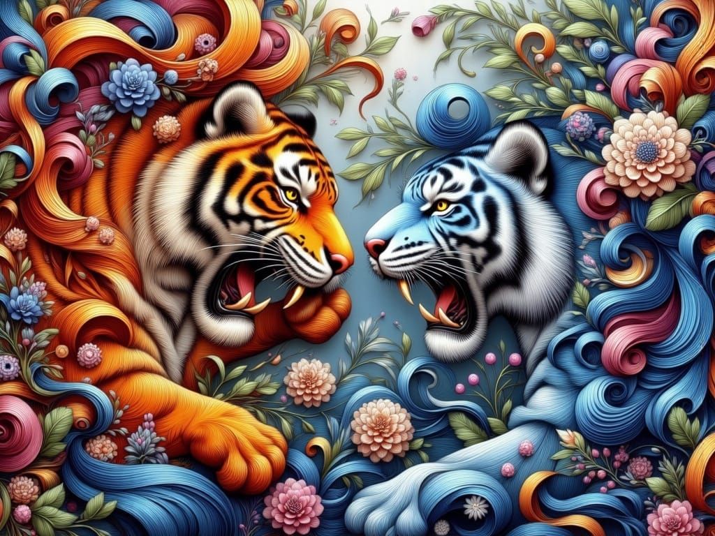 Two tigers fighting, paper quilling style, tamari thread style, wayang art style, elaborate, intricate, detailed <lora:Earth and oil:1.0> 