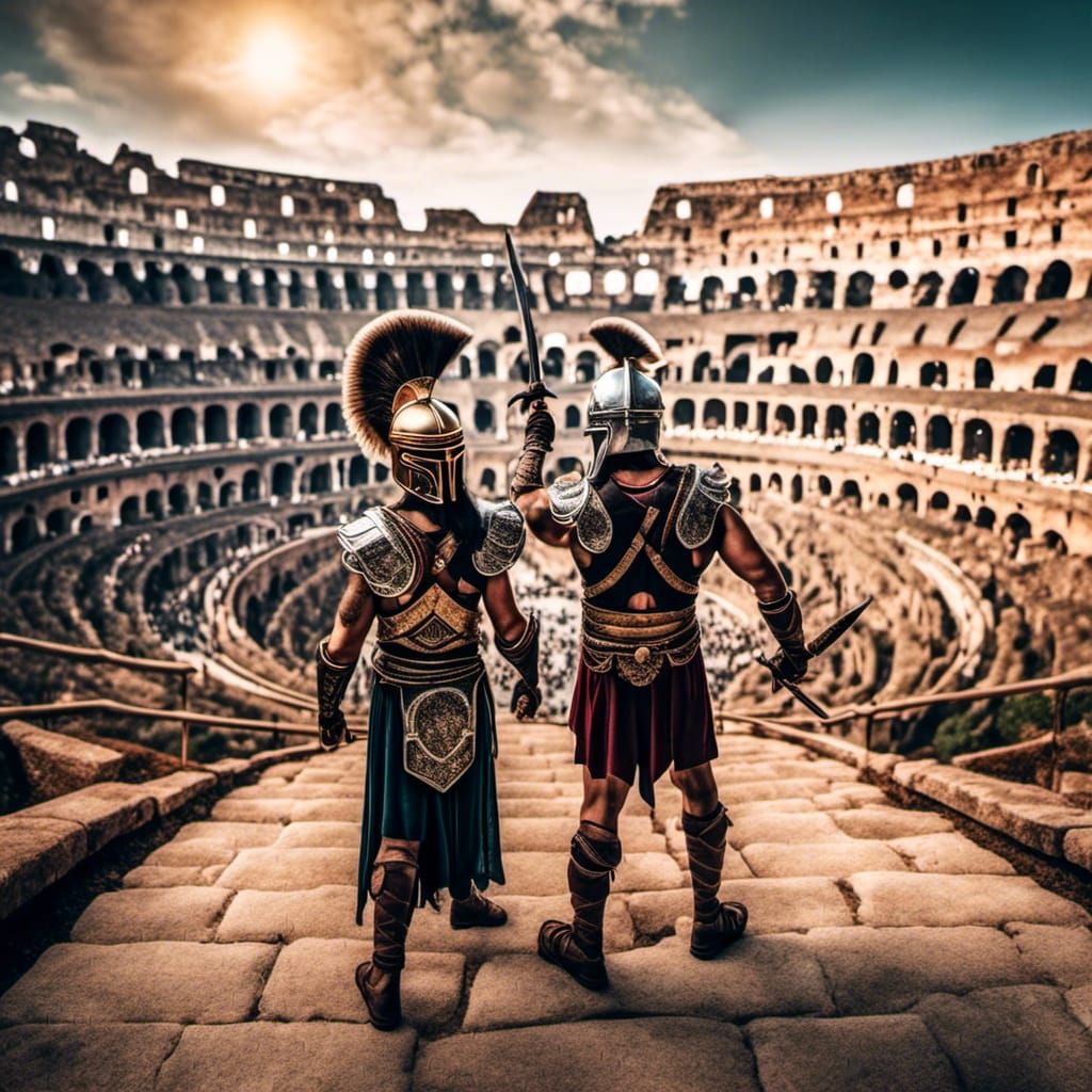 Two gladiators, with their typical costumes and helmets, salute with ...