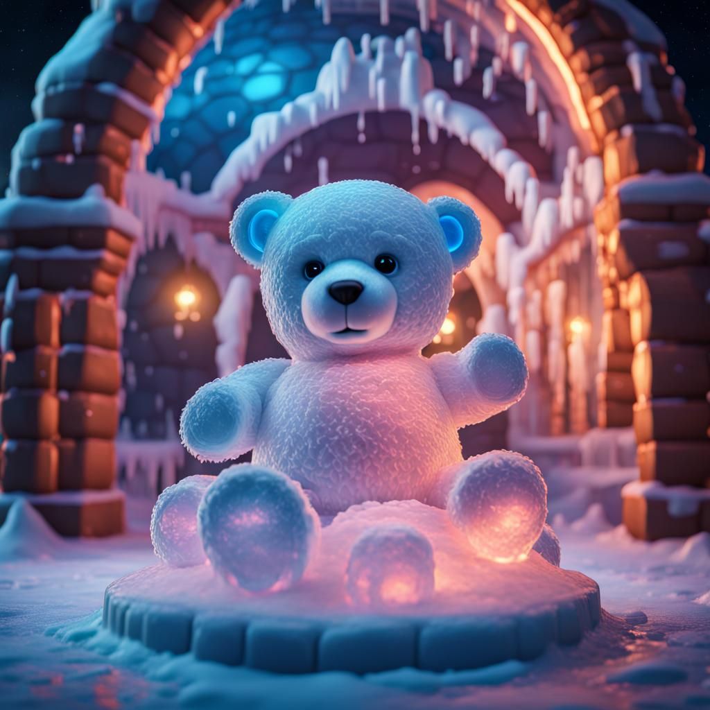 Beautiful teddy bear ice sculpture inside of a brightly colored and lit ice igloo palace at