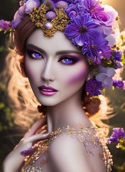 A Insanely detailed portrait painting of fantastical dreamy beautiful heavenly Violet flowers; The flower's appearance: ...