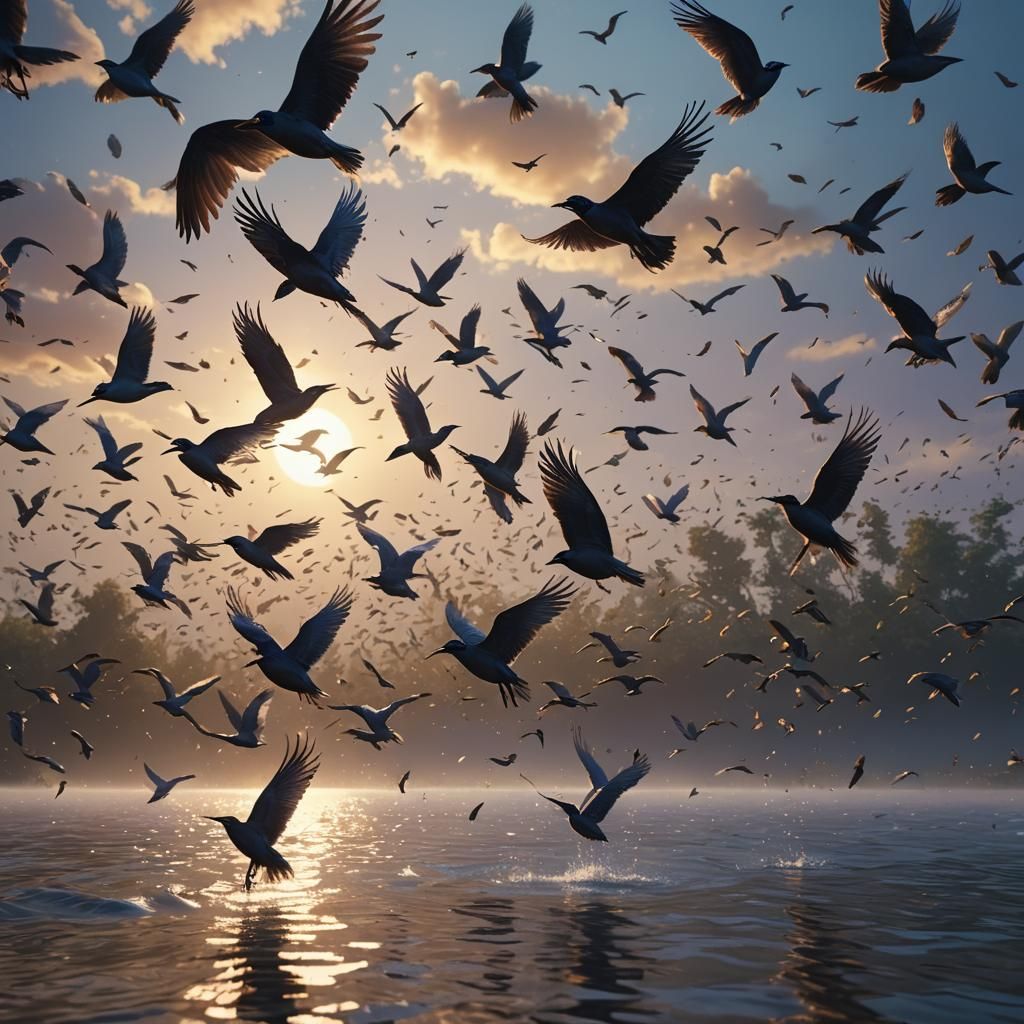 Birds Fly Over Water: A Digital Fantasy Painting