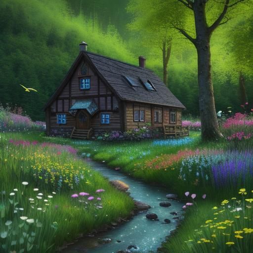Fantasy meadow, lot of trees and spring flowers,vibrant colo...