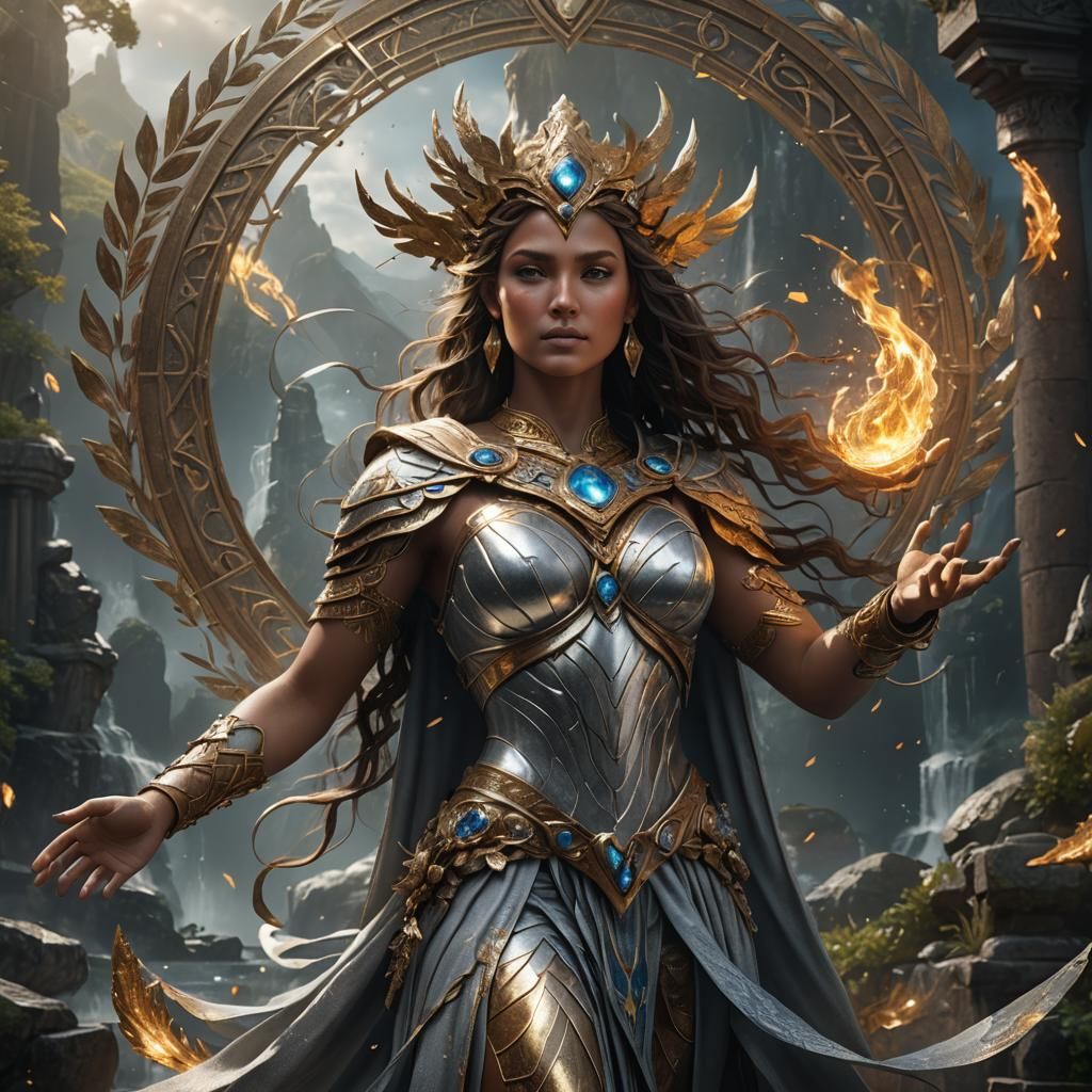 rebecca as a goddess of the elements wearing silver and bron...