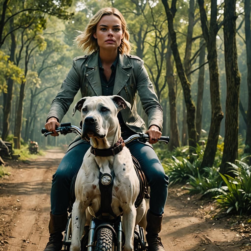 Margot Robbie riding a great dane dog Cinematic film still, ...