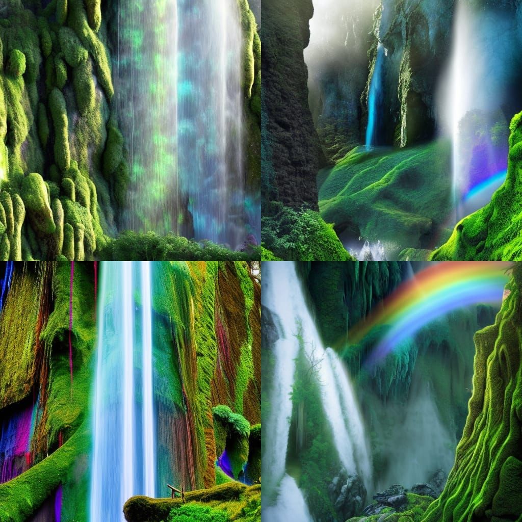 phantasmal iridescent tall waterfall + homes carved into the...