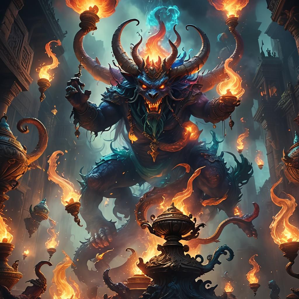 Monsters and demons coming out of genie lamp
