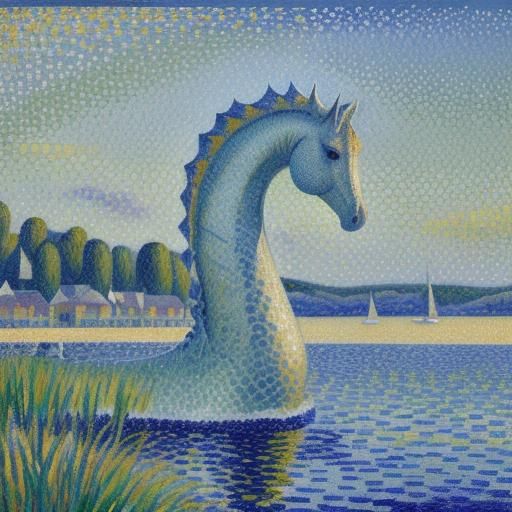 A majestic seahorse made of vibrant pointillist dots, shimme...