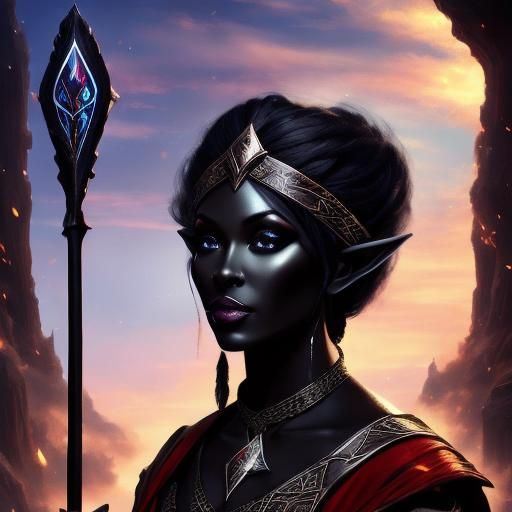 beautiful black elf holding a wizard mage staff <lora:Black Skin:1.0> 