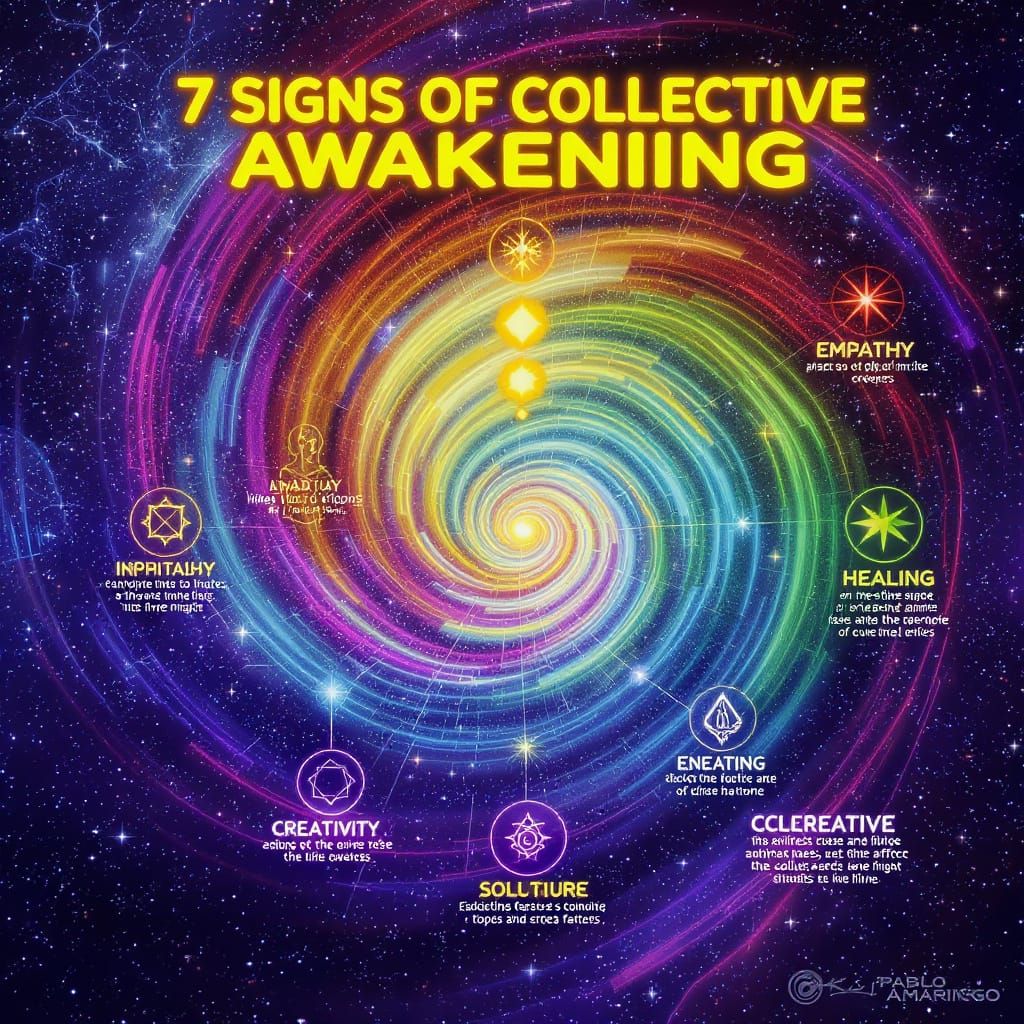 "Infographic: 7 Signs of Collective Awakening, bold readable text, chakra-colored cosmic spiral, symbols for intuition, empathy, healing, cr...