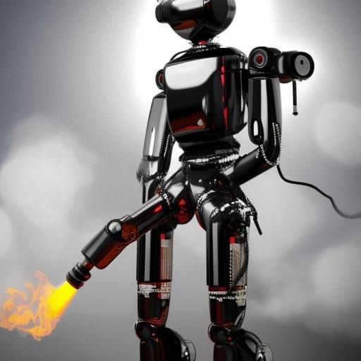 Humanoid robot with a flamethrower spraying billionaires hyp...