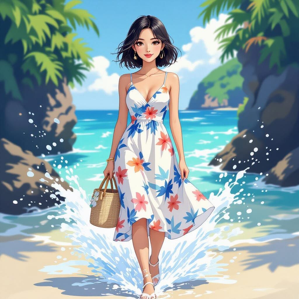 Thailandese Woman on Beach with Water Print Dress