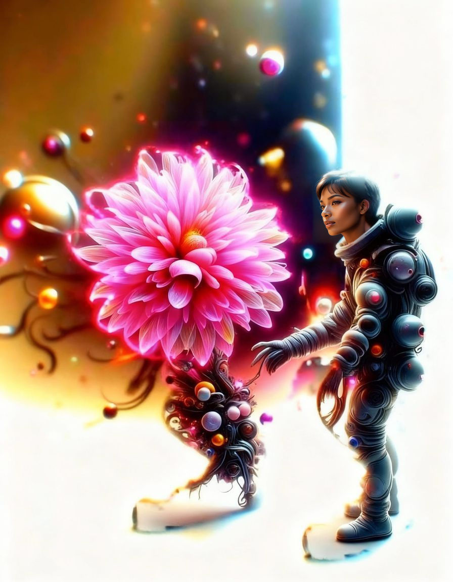 <lora:Ultra Cute Flux:1.0> <lora:Dreamy Enchantment:1.0> A lone astronaut tending to a bioluminescent garden inside a geodesic dome on Mars....