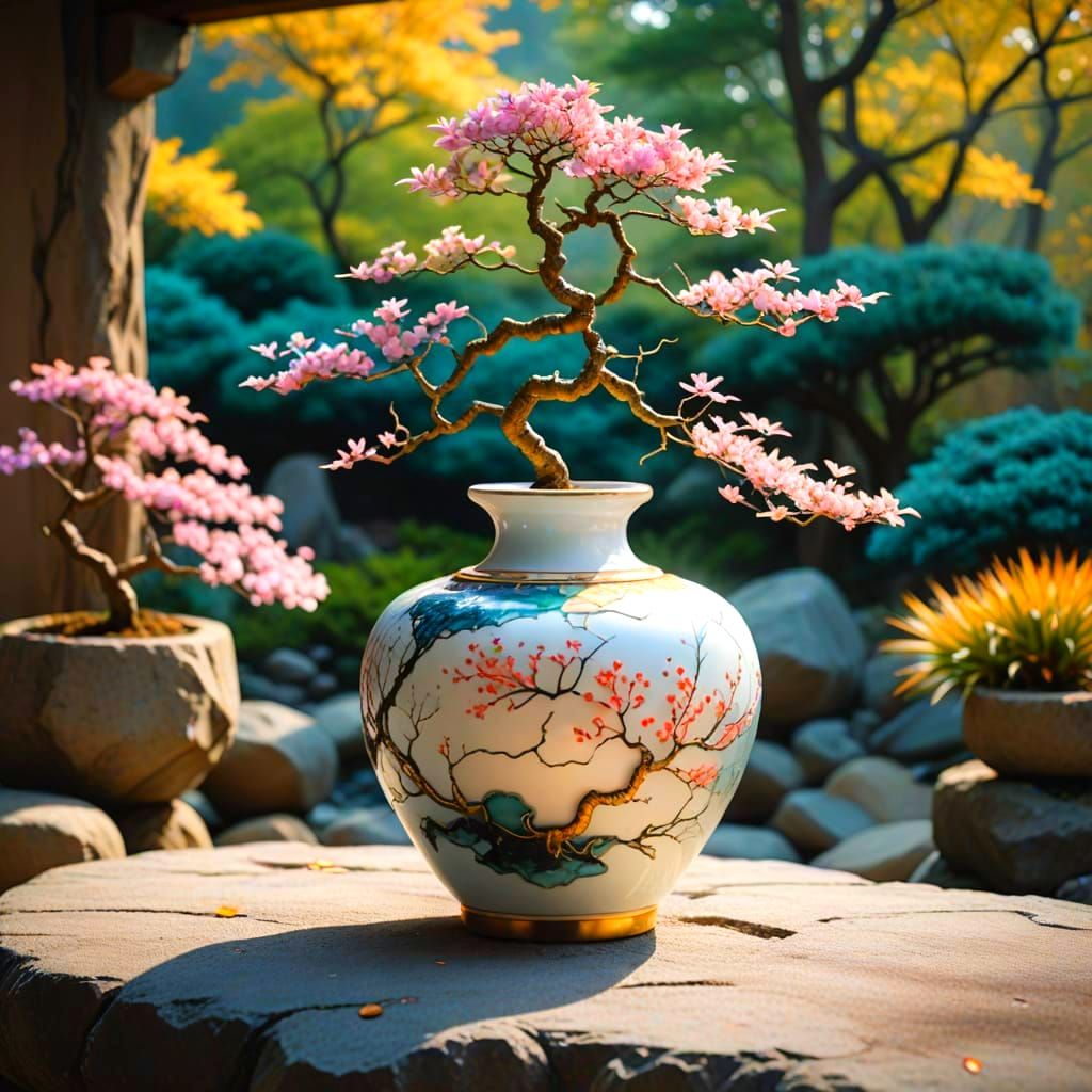 Prompt: A breathtaking artistic composition. A pure matte white ceramic vase sitting on a smooth polished stone surface, featuring visible c...