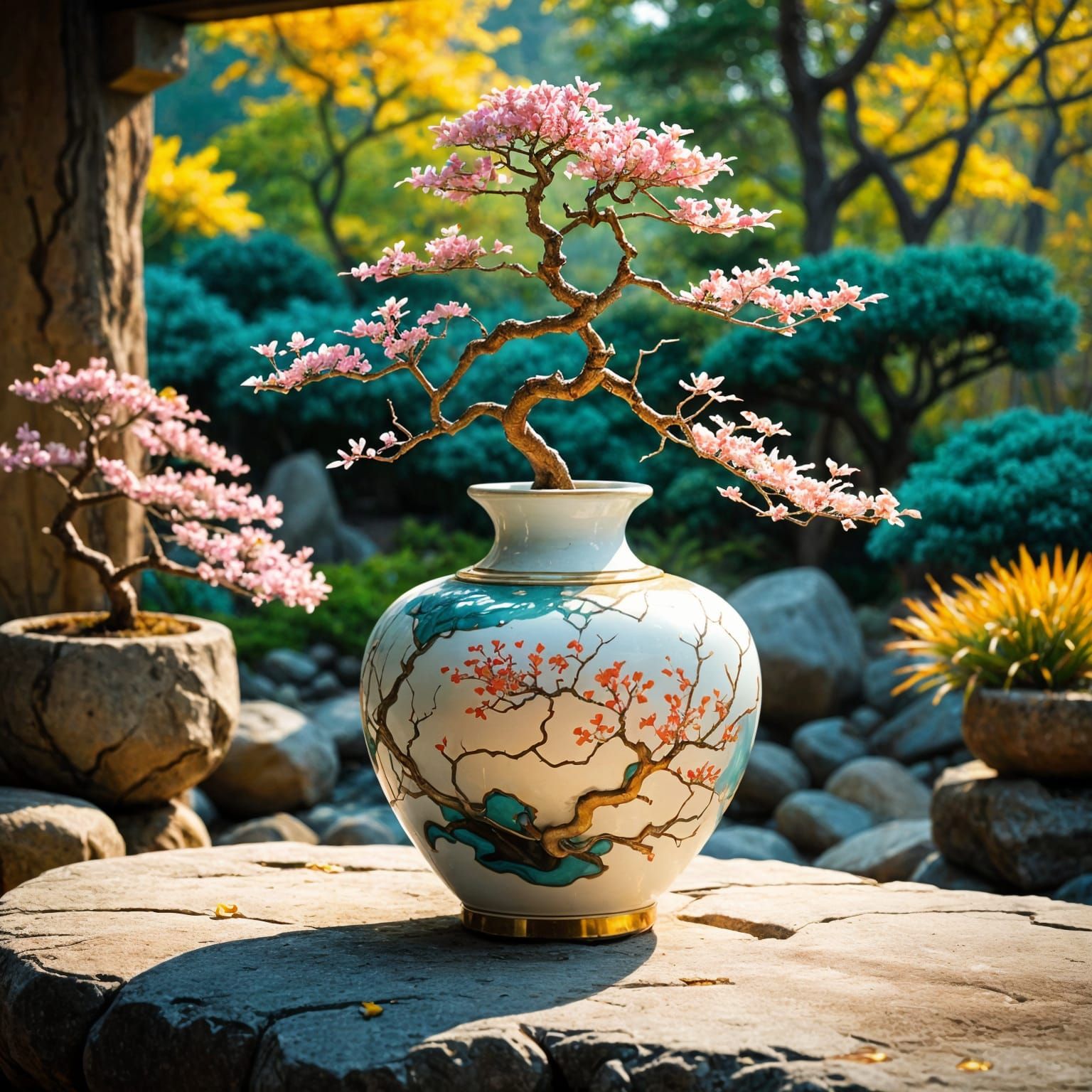 Prompt: A breathtaking artistic composition. A pure matte white ceramic vase sitting on a smooth polished ...  by @Artimagine