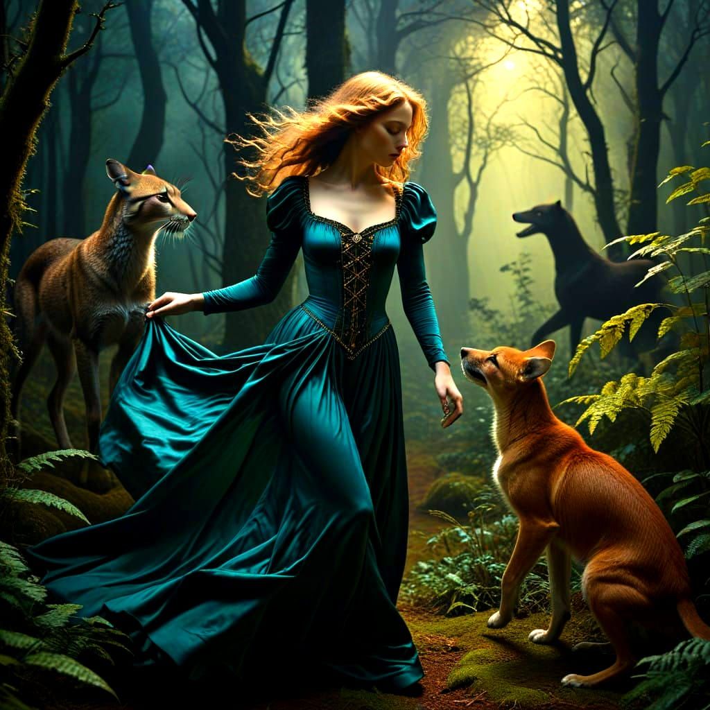 Elegant Ladies Dancing with Bizarre Creatures in Dark Fantas...