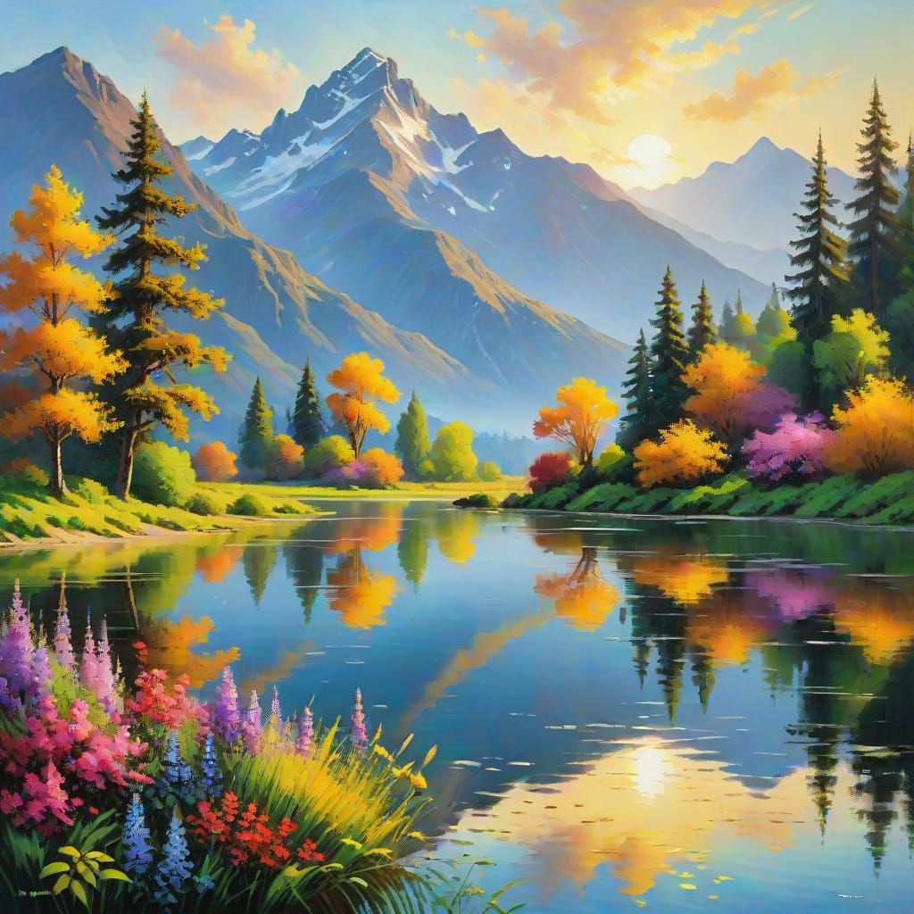 Impressionist Lake Landscape Painting at Sunrise