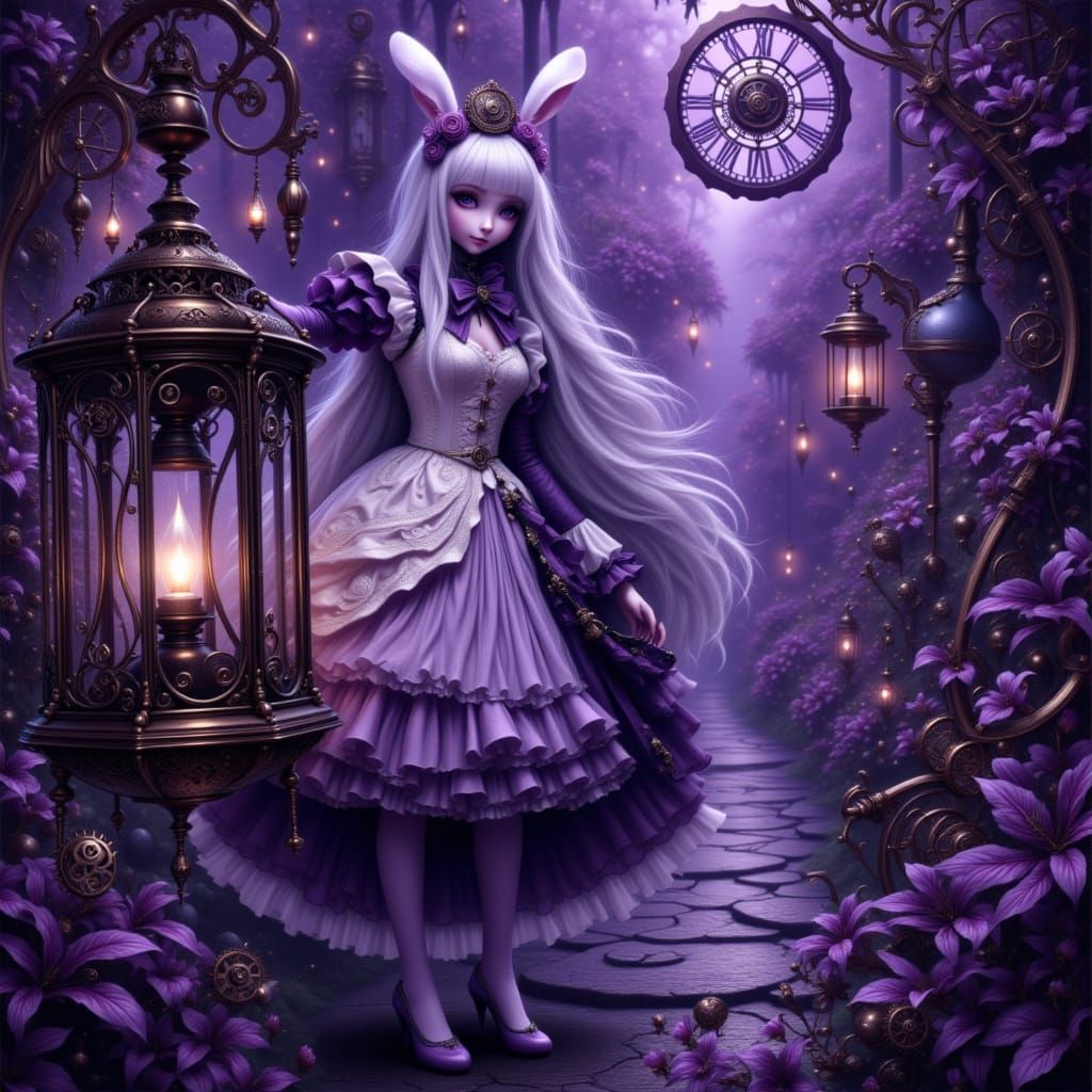<lora:Steampunk and more:1.0> Alice in Wonderland,  with the white long-haired rabbit, a huge lantern with mechanical gears and the Enchante...