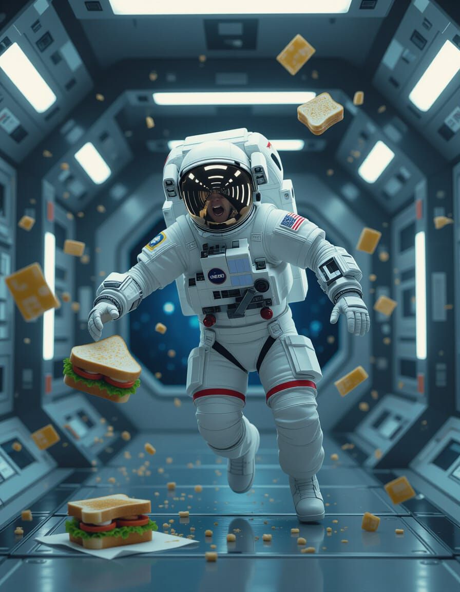 An astronaut in zero gravity is desperately trying to eat a floating sandwich, but it keeps drifting ...  by @SaraM