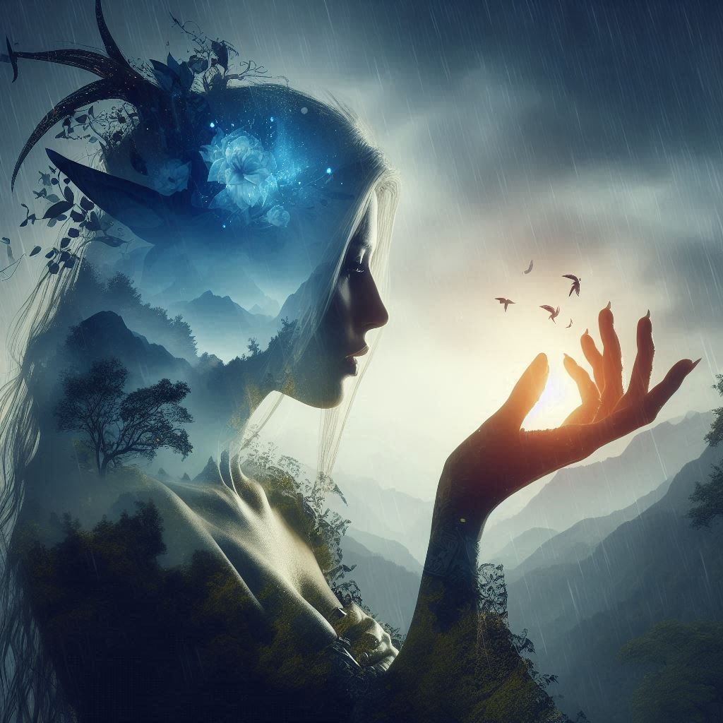 double exposure beautiful fantasy DALL-E 3 portrait landscape..