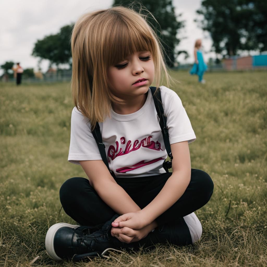 Emo 6 year old girl crying while on the ground