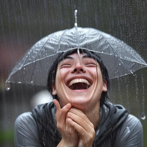 A happy picture of someone laughing while it’s raining, taken with a