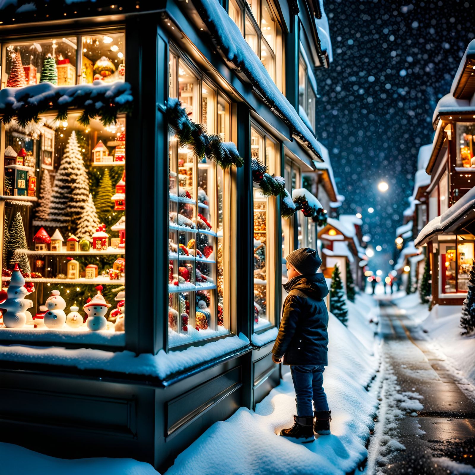 a snowy night with a boy looking through a store window at all the toys on Christmas eve intricate details, ...  by @Patsy 