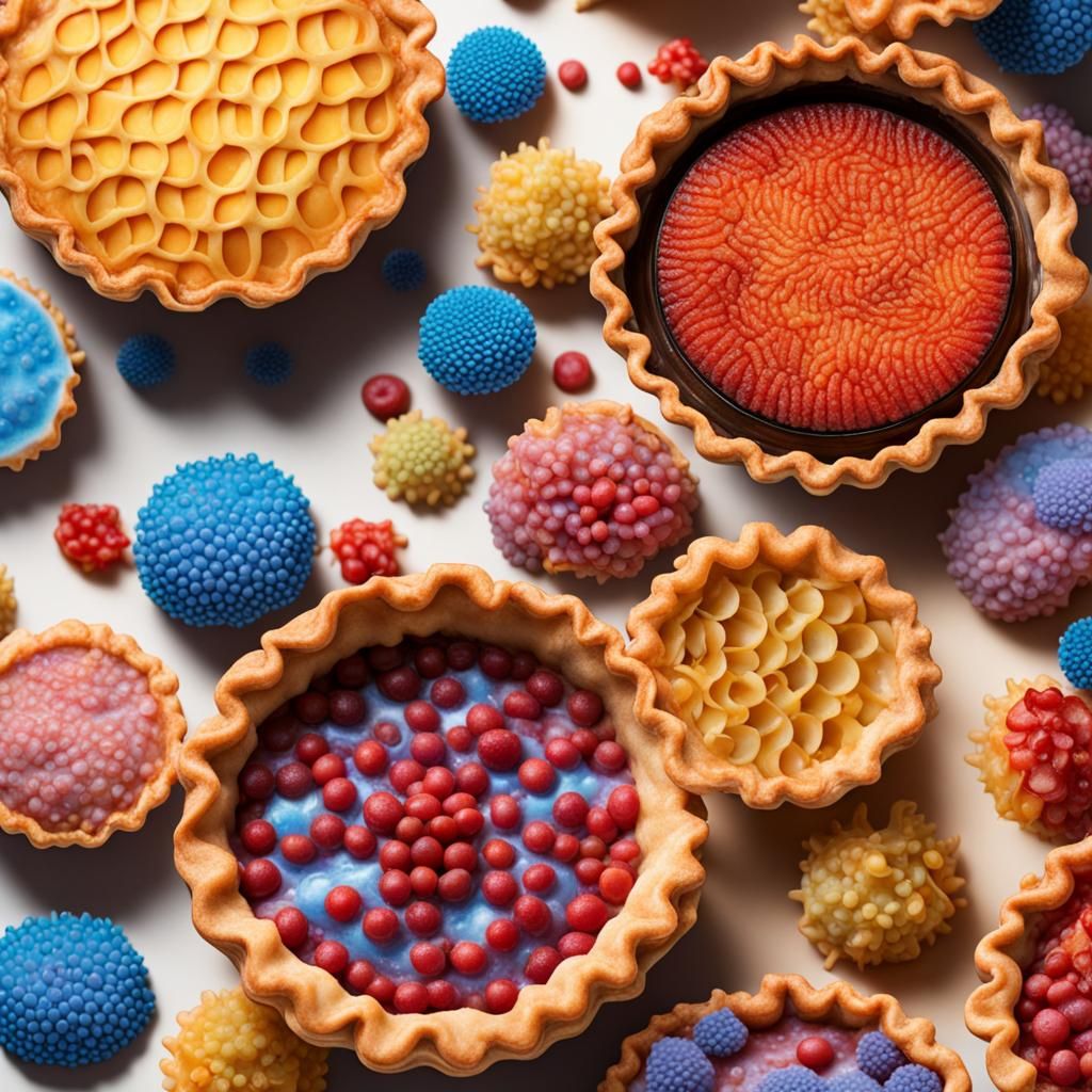 Surreal Microscopic Pizza with Colorful Virus Cells