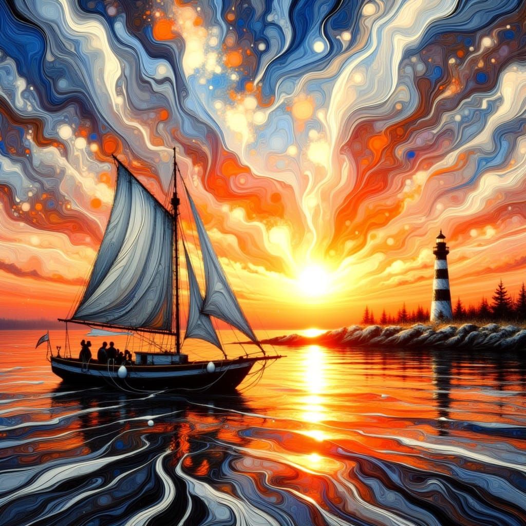 <lora:JPO:1.0> sailing boat by sunset, lighthouse