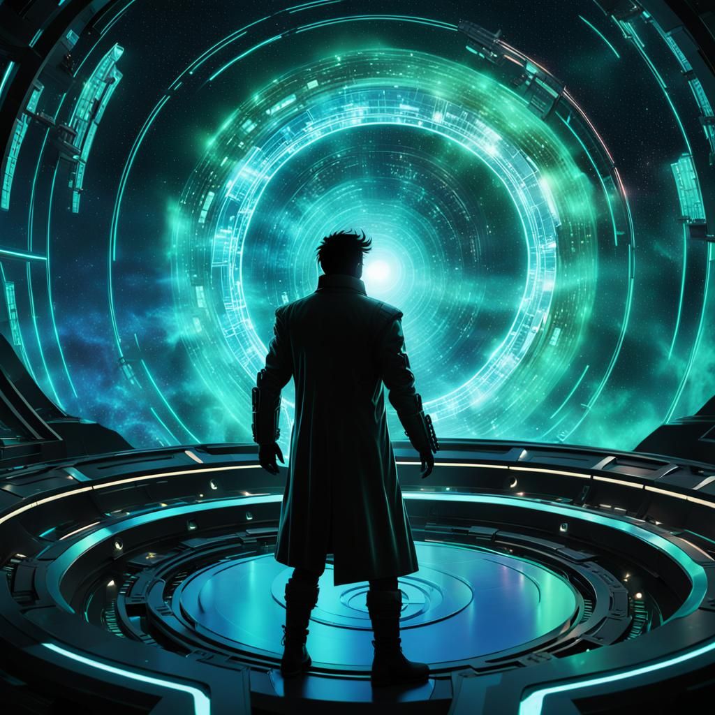 futuristic teleportation station, sleek metallic structure, swirling cosmic energy, otherworldly light, distant stars, shadowy realm, ethere...