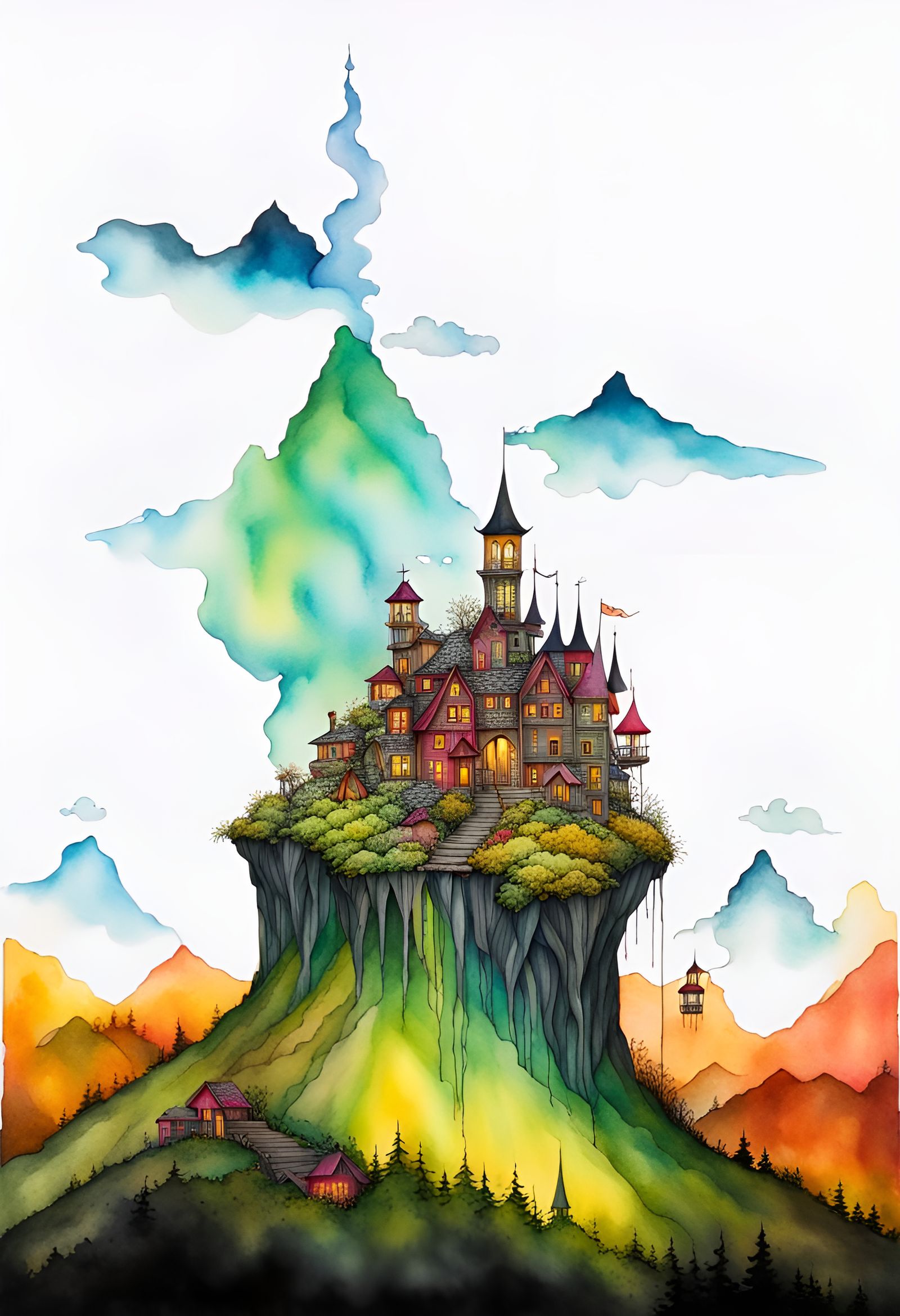 Fantasy town on a steep mountainside,  Gold ochre, viridian,...