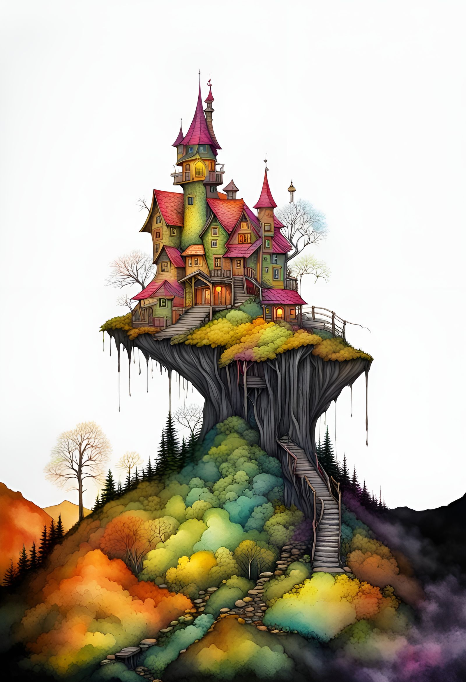 Fantasy town on a steep mountainside,  Gold ochre, viridian,...