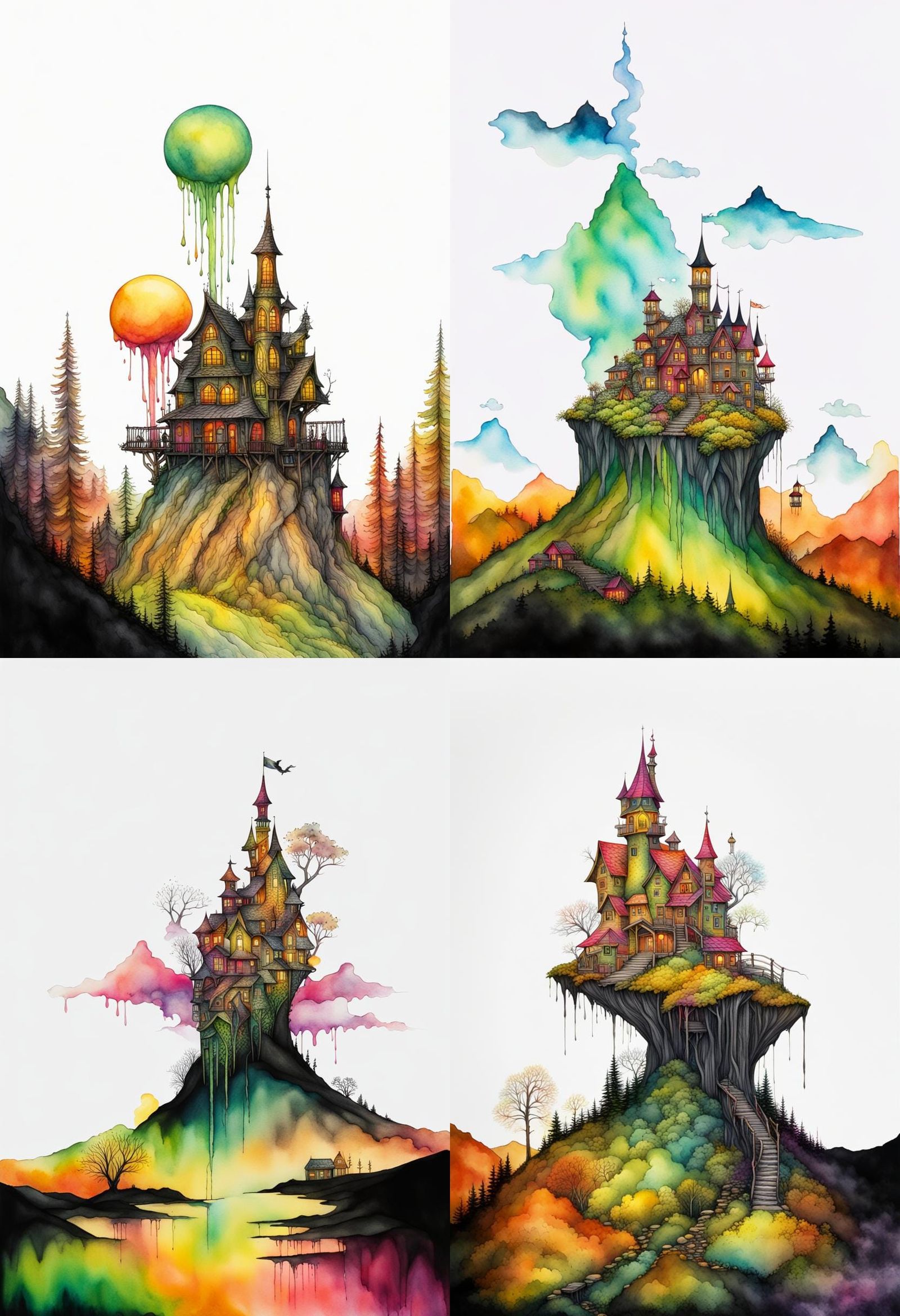 Fantasy town on a steep mountainside,  Gold ochre, viridian,...