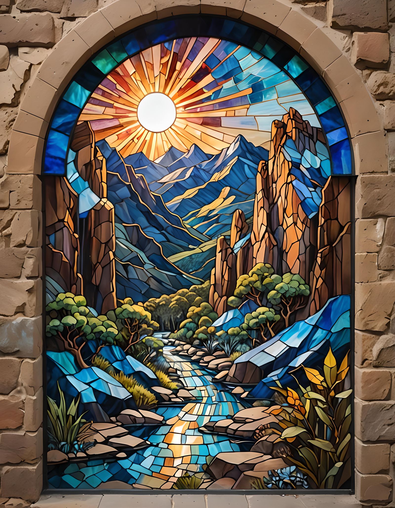 A stained-glass window depicting the Blue Mountains range in Australia  by @Noid Zartz