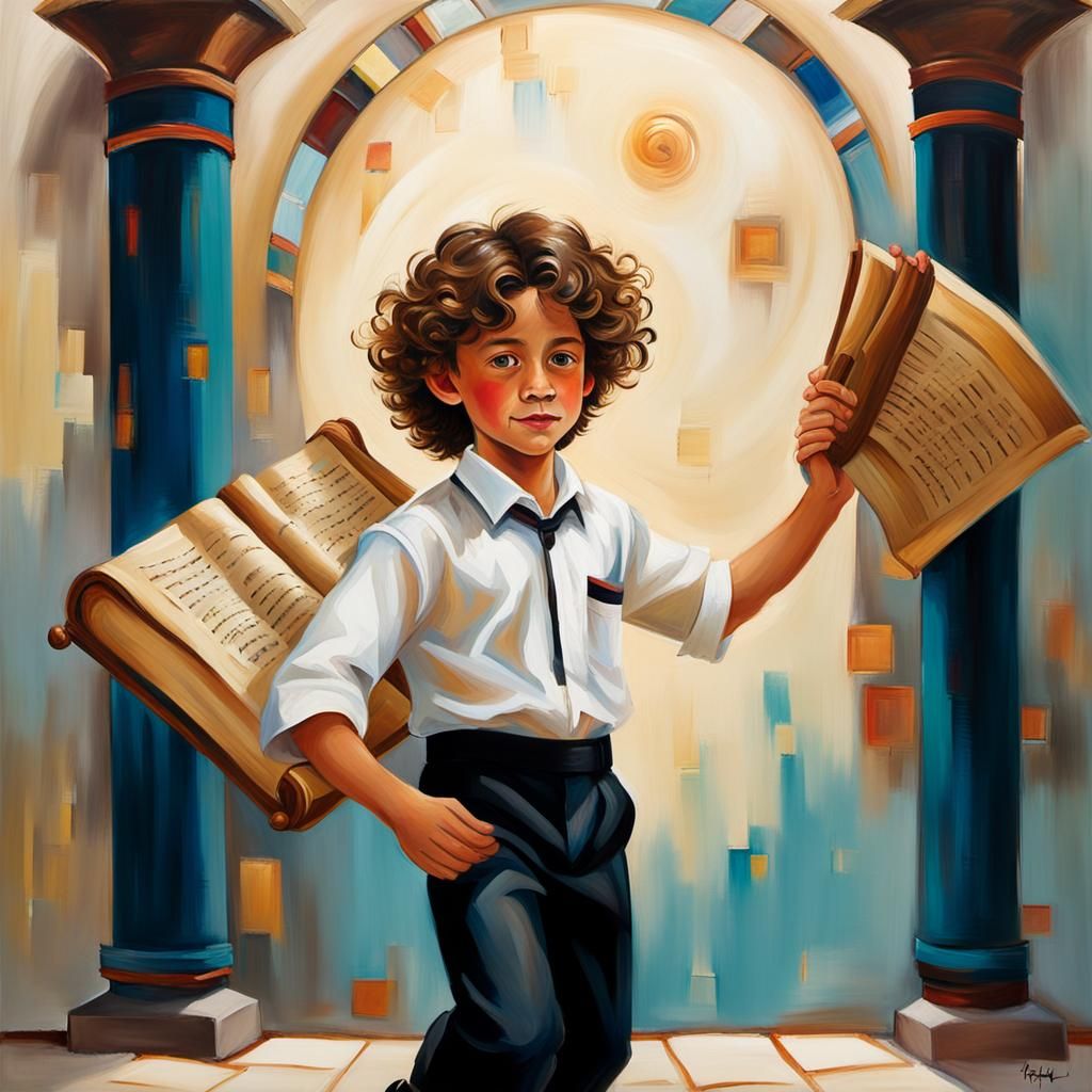 Joyful Boy in Shabbat Attire Dances with Torah Scroll