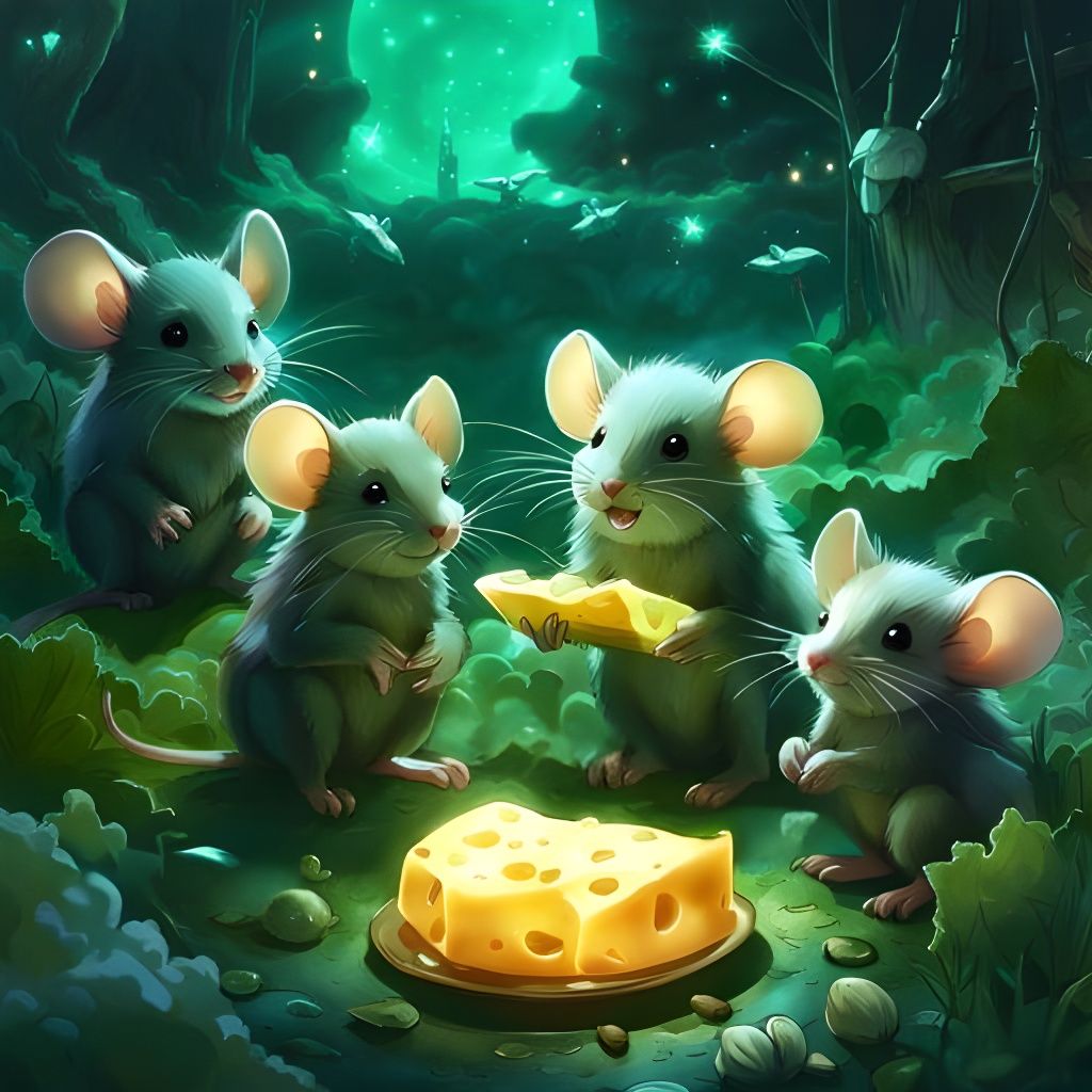 Pack of adorable mouses eating cheese AI Generated Artwork