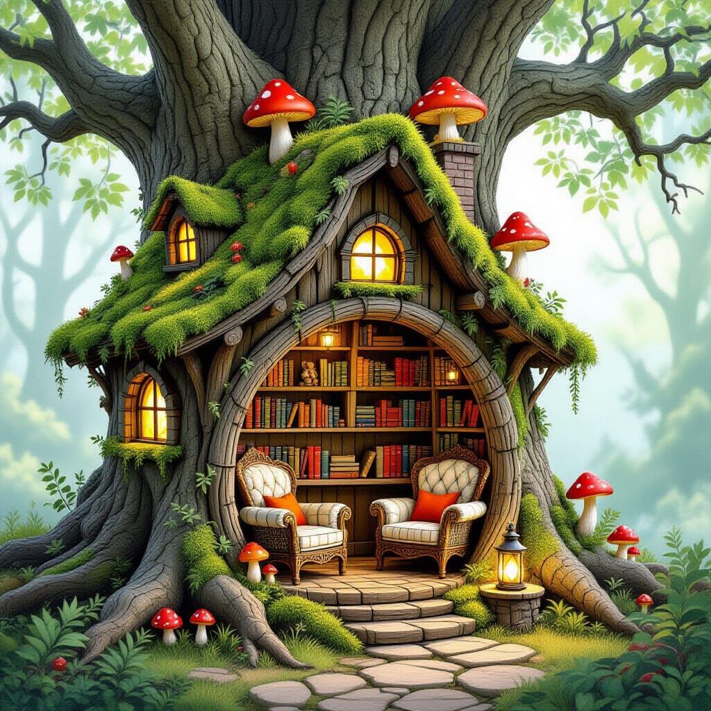 A miniature, enchanted treehouse, crafted from moss-covered branches and glowing mushrooms, serves as ...  by @Bushra